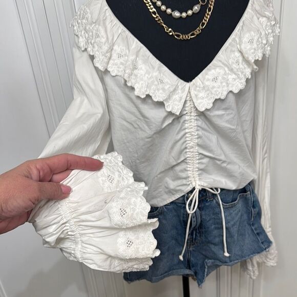 Anthropologie Maeve White Ruffled Bib Collar Blouse - Picture 2 of 7